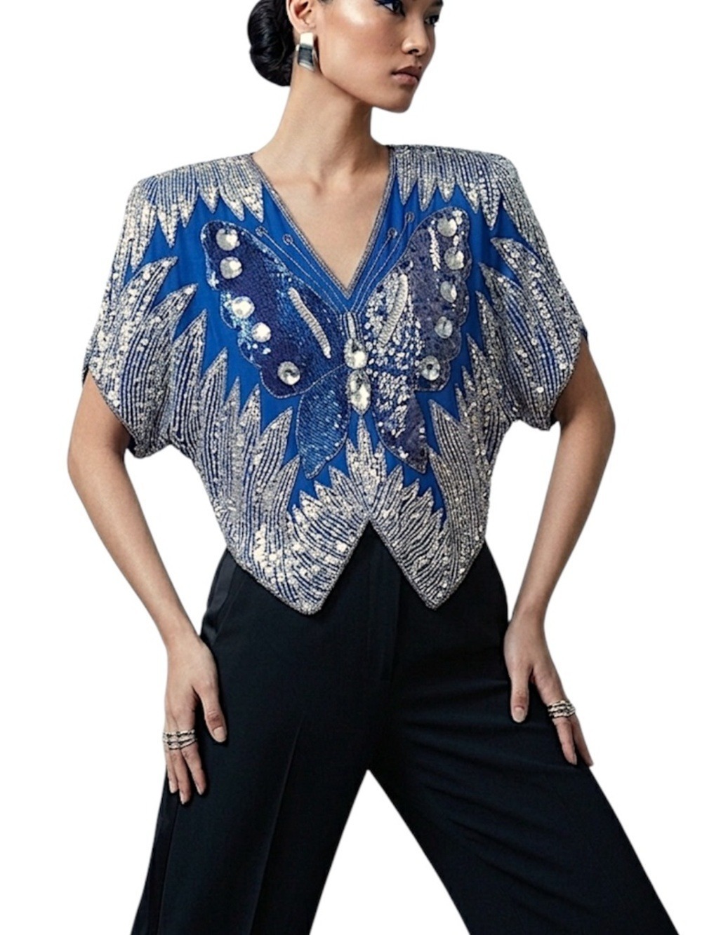 VTG 80s NWT pure silk cobalt blue silver sequin butterfly boxy maximalist top